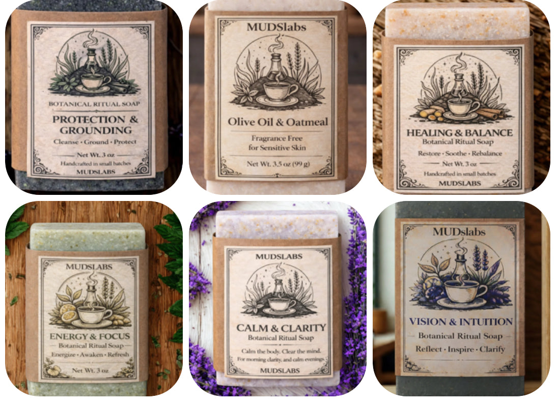 MUDSlabs botanical ritual soaps collection featuring Protection & Grounding, Olive Oil & Oatmeal, Healing & Balance, Energy & Focus, Calm & Clarity, and Vision & Intuition