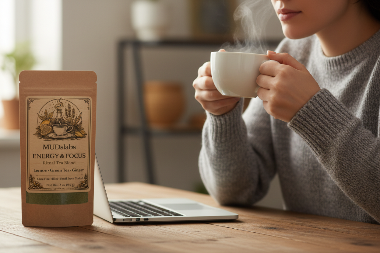 Hands holding tea cup at desk
