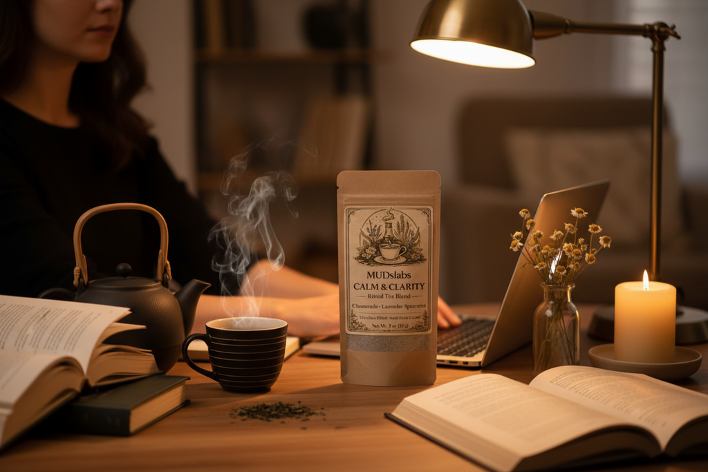 Person studying with tea setup