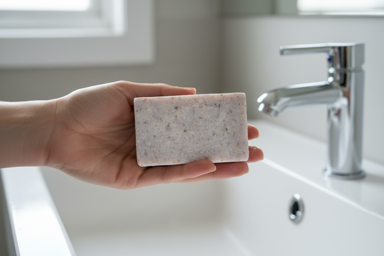 Soap bar held in hand at sink