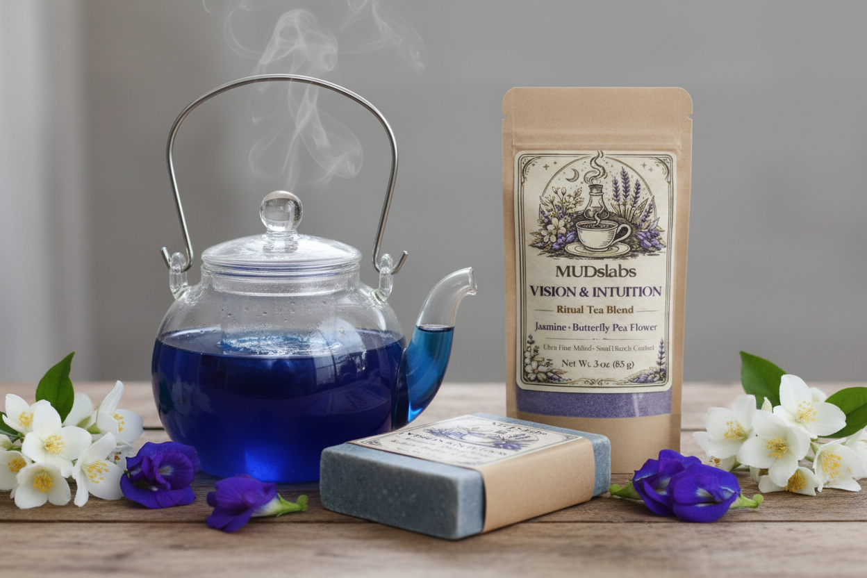 Tea package, soap, and clear kettle with blue tea surrounded by flowers